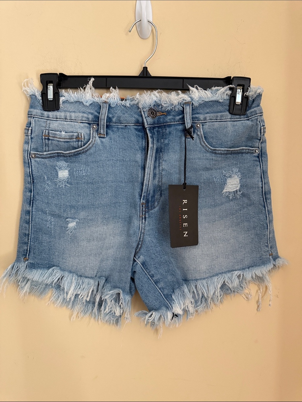 Risen Los Angeles High Rise Distressed Frayed Hem Denim Shorts Light Wash Size M